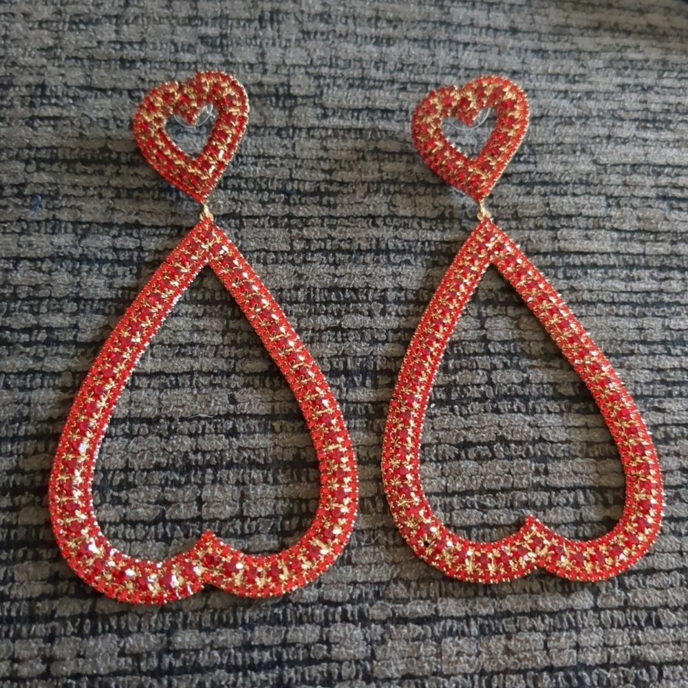 Red Rhinestone Studded Open Heart Drop Dangle Statement Earrings